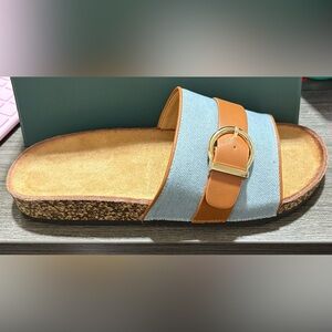 Light Blue and Tan Buckle Slide Sandal
